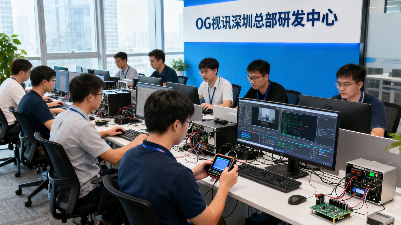 OG视讯深圳总部研发中心，数十名工程师在开放式办公区进行视频编码算法调试与硬件终端测试