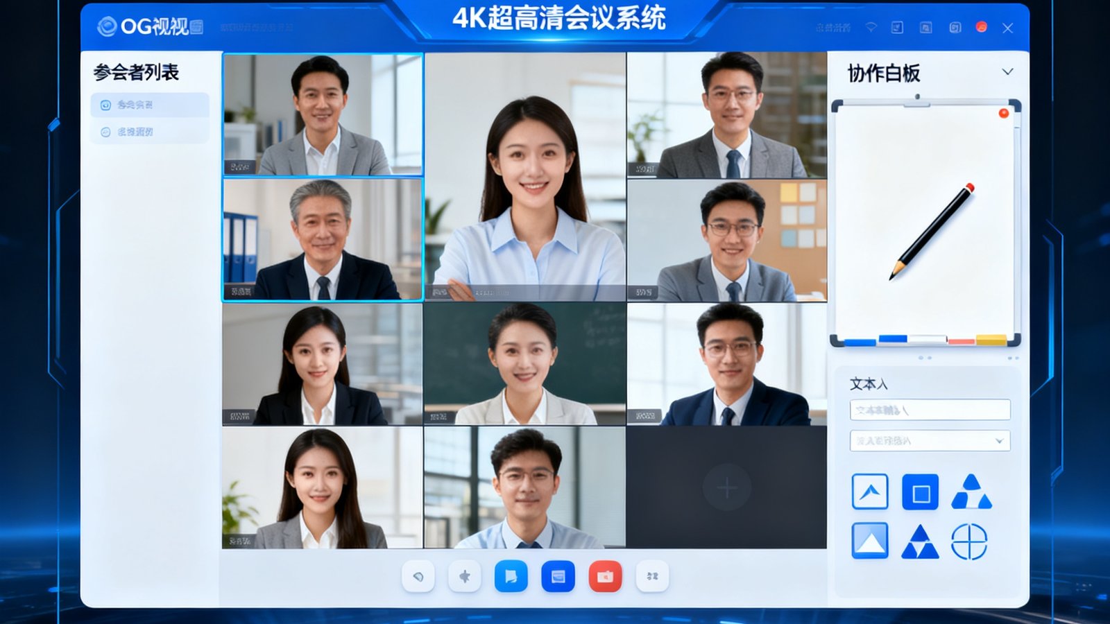 OG视讯官网4K超高清视频会议系统主操作界面，展示多方参会者高清画面与协作白板功能