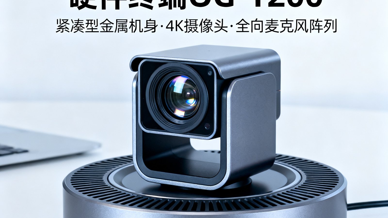 OG视讯自主研发的会议室硬件终端OG-T200，紧凑型金属机身配备4K摄像头和全向麦克风阵列