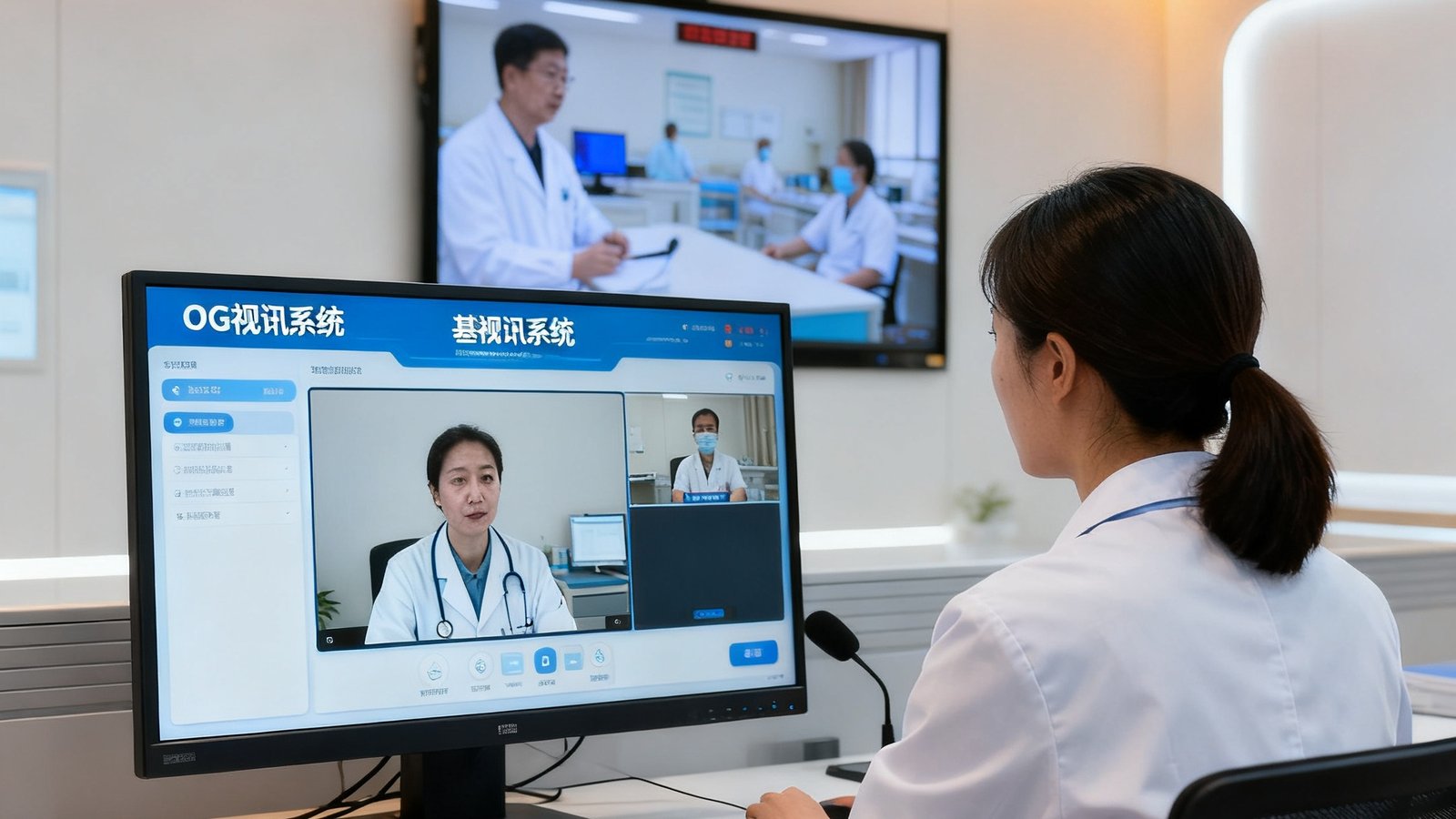 一位身穿白大褂的女医生坐在远程会诊中心，通过OG视讯系统与基层医院进行高清会诊